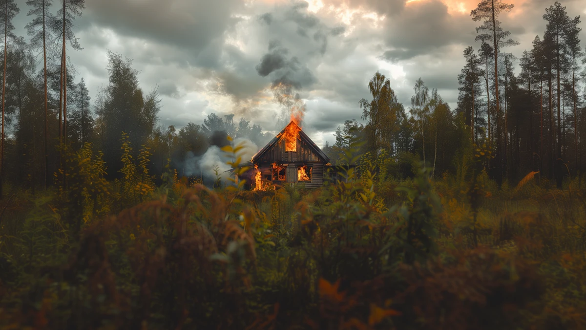 A Cabin Burning In A Forest With A Vibrant Sky.