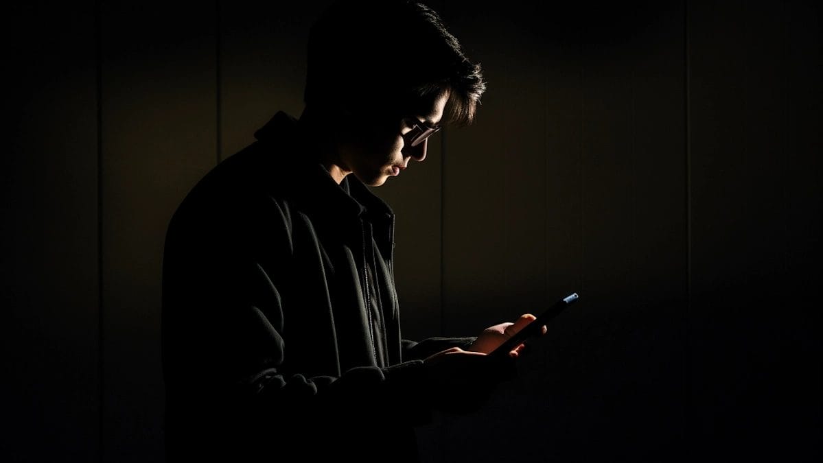 Young Man With Glasses, Illuminated By Smartphone Light In Dark Room.